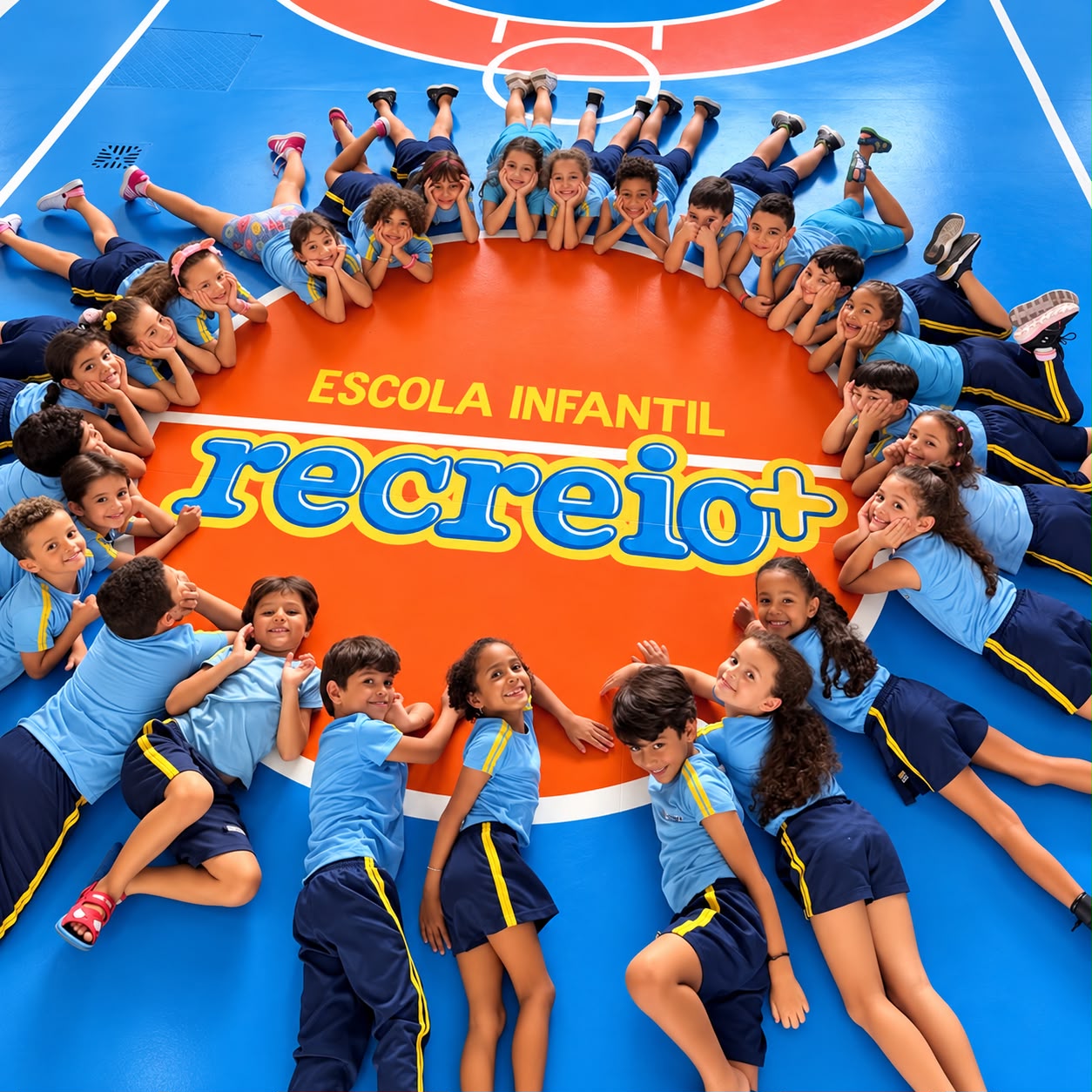 Alunos da Escola Infantil Recreio+ reunidos na quadra da escola
